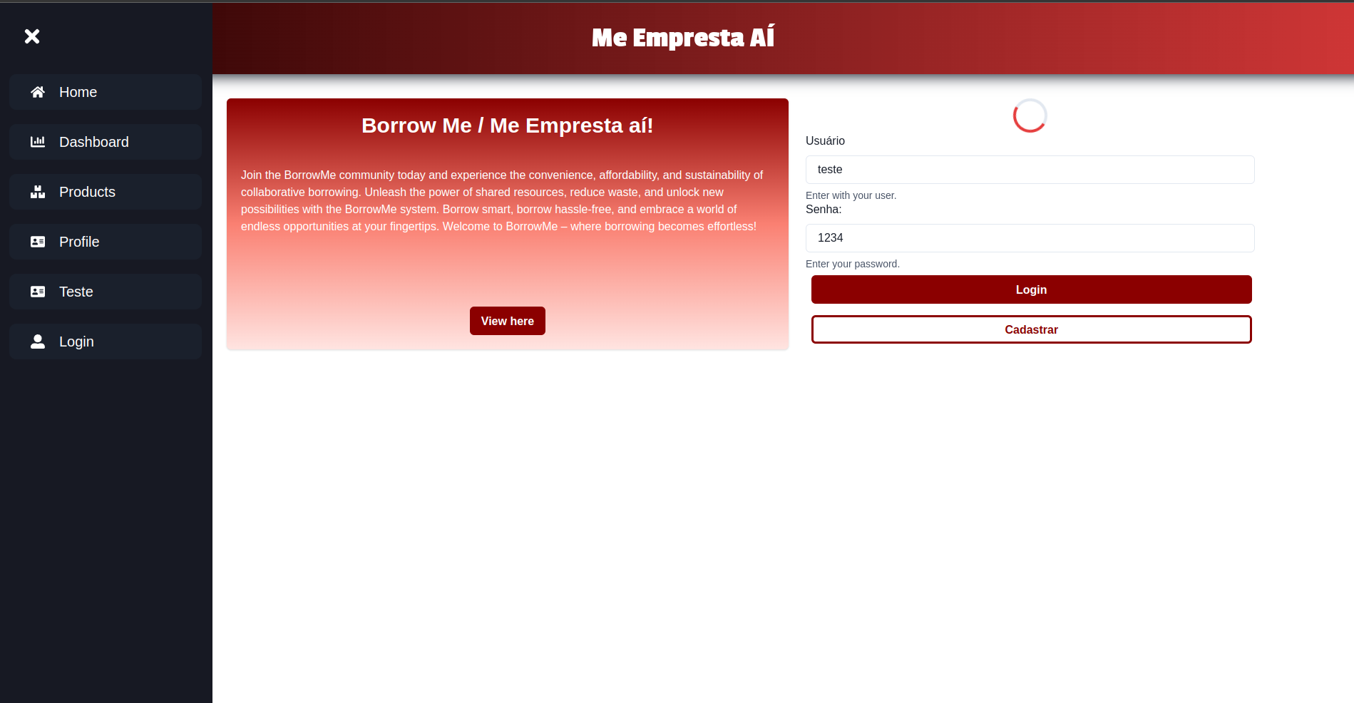 Screen of login in Borrow System
